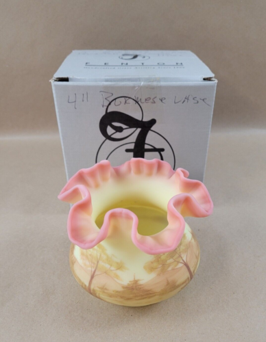 FENTON URANIUM VASELINE CUSTARD GLASS BURMESE PIPER HAND PAINTED 4" VASE