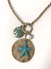 Gold Tone Blue Enameled Starfish Faux Pearl Dangles Pendant Necklace 18" Fashion