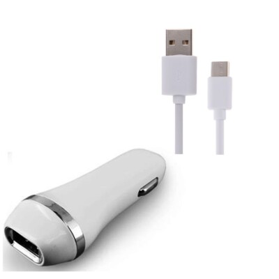 White Color 2.1 Amp Car Charger Adapter + USB Data Charging Cable Cord Wire For