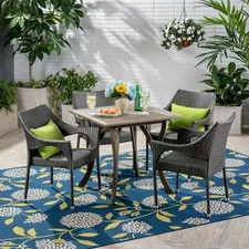 Colin Outdoor 5 Piece Wood and Wicker Square Dining Set, Gray and Gray