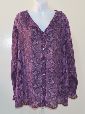 AVENUE Women's Purple Black Button Down Ruffled V Neck Blouse Size 18/20