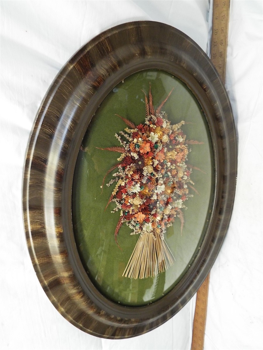 Vintage Wood Grain Bubble Dome Glass Picture Frame Floral Convex