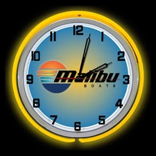 Malibu Boats 19" YELLOW Double Neon Clock Garage Wakeboard Surfing Man Cave