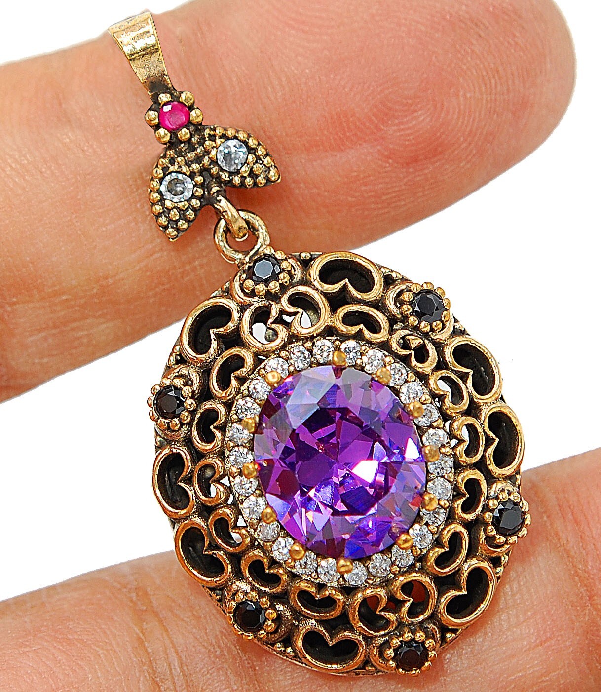 8CT Amethyst & Topaz Ottoman Empire Style Sterling Silver Pendant S2-9