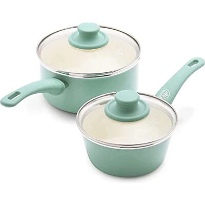 GreenLife 15cm/18cm Saucepans & Glass Lid Ceramic Non-Stick PFAS-Free (Open Box)