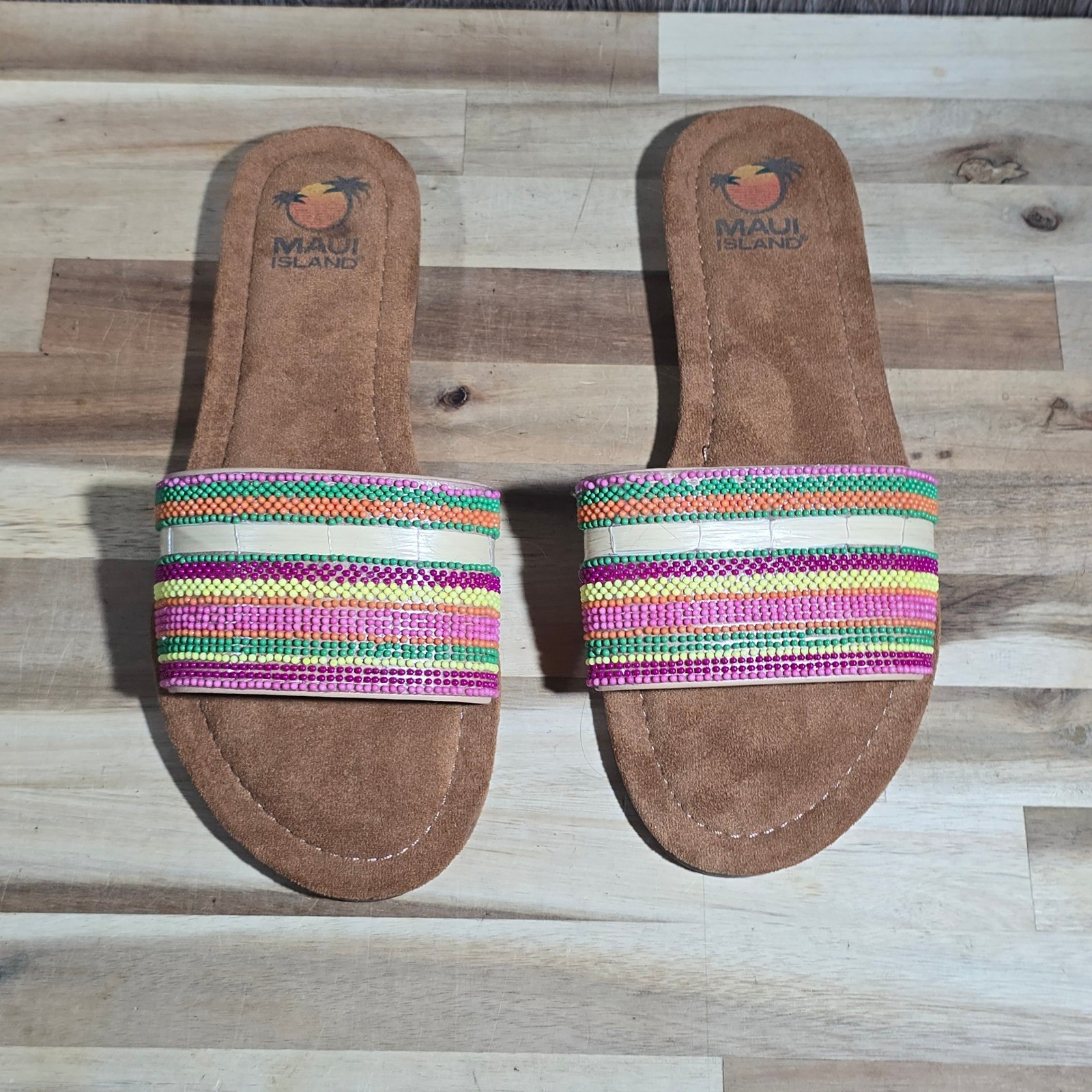 Maui Island Marina Beaded Strap Slide Sandals Women's 8M Brown Beachy Comfort