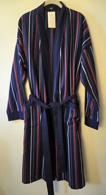 New MS Marks & Spencer Robe Soft Cotton Waffle Blue Stripes Tie Front Sz Mens S