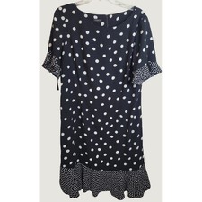 Talbots Shift Dress Polka Dot Ruffle Hem Flutter Sleeve Career Navy Blue Size 12