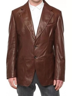 Leather Blazer Jacket Men's Coat Lambskin Soft Men Two Real Button 100% Brown 65