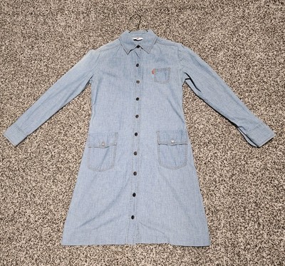 Vtg 70s Levi Orange Tab Denim Dress Shirt Utility Jumper Overalls Flare BOHO 