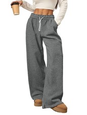 Women's Fleece Lined Sweatpants Foldover Waistband Drawstring Wide Leg Sweat ...