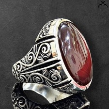 Islamic Red Aqeeq Stone Ring 925 Sterling Silver Sunnah Men’s Jewelry