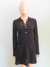 NWT CHANEL Black Cotton Open Knit Gripoix Buttons Mini Sweater Dress F 34/US 2