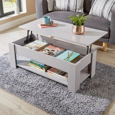 HOME SOURCE Grey Wooden Coffee Table With Lift Up Top Storage Area and Magazine Shelf