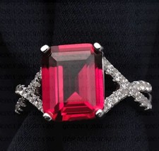 6.30Ct Emerald Cut Natural Red Ruby Gemstones Diamond Ring 18k White Gold Plated
