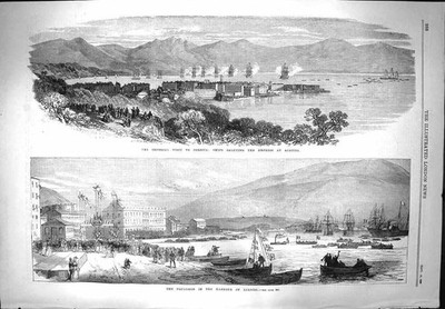 Original alter antiker Druck 1869 Schiffe Hafen Ajaccio Kaiserin Besuch viktorianisch
