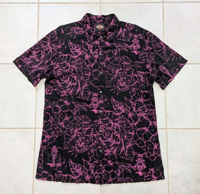 #ad Tori Richard Men#x27;s Medium Harley Davidson Motercycle Hawaiian Shirt Button Pink $27.99