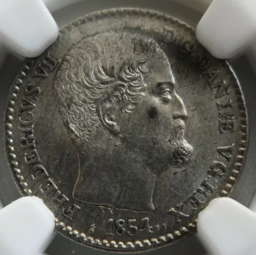 DENMARK Kingdom 4 Skilling R.M. 1854 FF NGC MS 62 UNC Silver King Frederik 