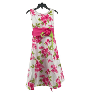 Emily West Girls Pink Green Floral Sleeveless Belted Formal A-Line Dress Size 7