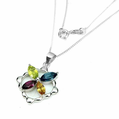 Silver Pendant Citrine Rhodolite Peridot Genuine Gems Solid Sterling With Chain - Picture 13 of 24
