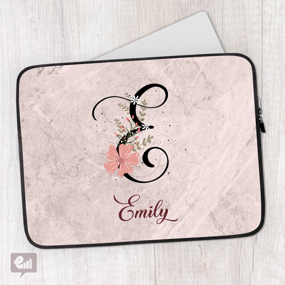Personalised Laptop Case Floral Marble Initial Name Sleeve iPad
