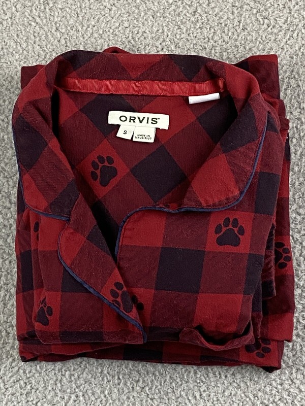 Vintage Orvis S Womens Small Thick Flannel Plaid Pajamas Two Piece Pawprint EXC