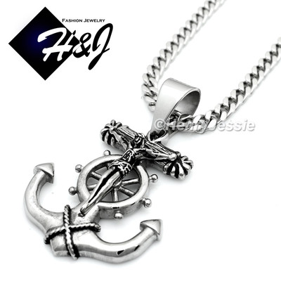18-36''Stainless Steel 5mm Silver Cuban Curb Necklace Anchor Cross Pendant*P58
