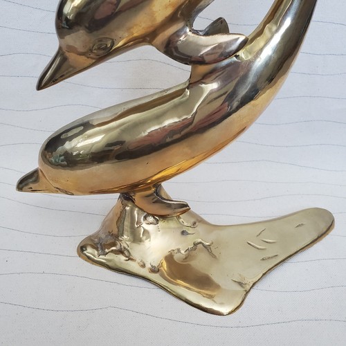 Vintage Large Solid Brass Dolphins Two Statue Decor Nautical Sea Decor Swimming - Picture 5 of 14
