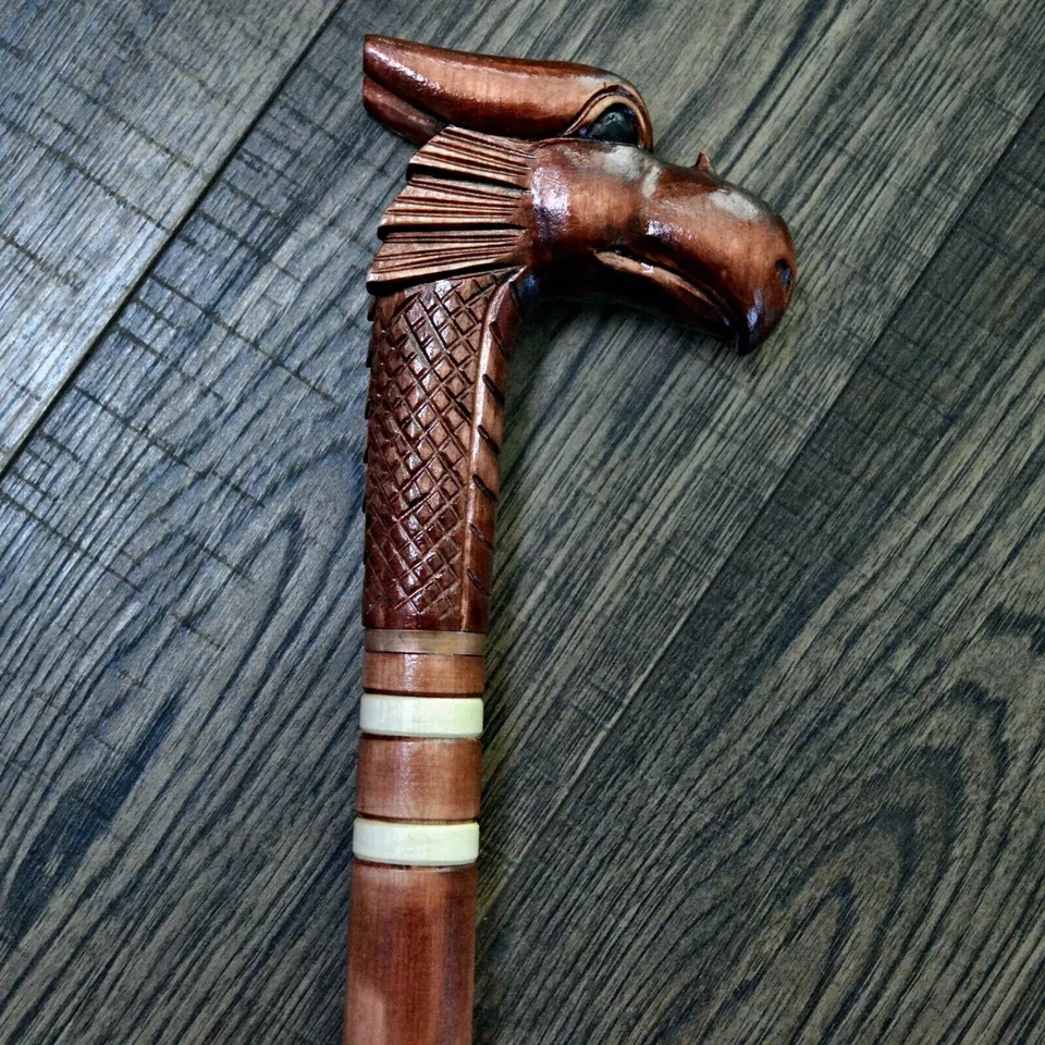 Bastón bastón de madera bastón hecho a mano tallado dragón nuevo rojo Foto 3 de 4