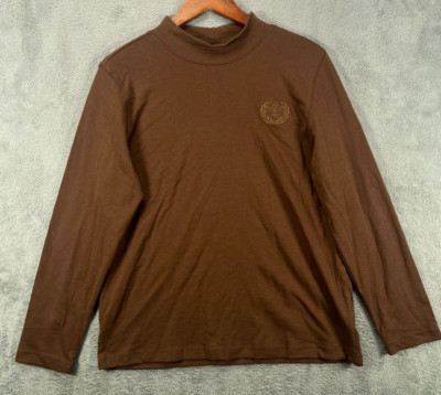 BLAIR Womens Large Top Brown Embroider Fleur De Lis Long Sleeve Mock Neck Shirt