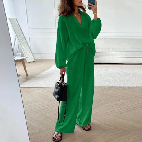 Women V Neck Long Sleeved Top Loose Casual Drawstring Pants Set 2Pcs Set Summer - Picture 9 of 28