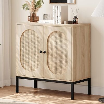 Modern Rustic Buffet Cabinet with Fluted Glass/Rattan Doors & Adjustable Shelves