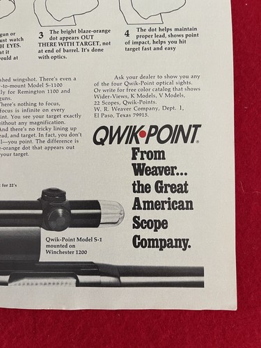 Pubblicità Quik Point Hunting Sight By Weaver 1975 stampa d'epoca - solo pubblicità - Foto 2 di 7