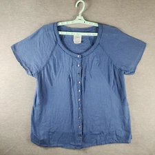 Emma Avenue Woman Linen Blend Top 22 24 Blue Button Up Front Raglan Sleeve EUC