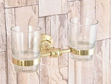 Golden Color Brass Wall Mounted Toothbrush Holder with A pair Glass Cups 2ba318