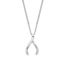 Sterling Silver 925 Natural Diamond Wishbone Pendant Necklace Rhodium Finish