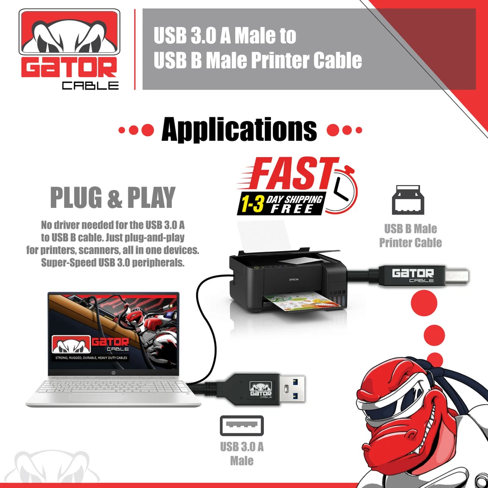 USB 3.0 Printer Scanner Cable A Male to B Male For HP Cannon Dell Epson Brother - Image 3 of 4