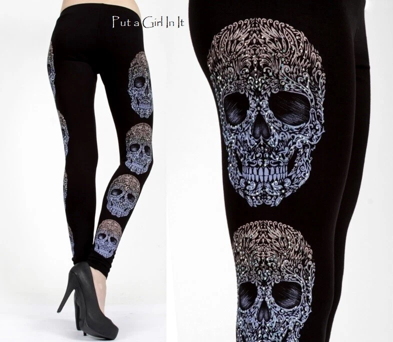 New VOCAL Womens PLUS SIZE CRYSTAL SUGAR SKULL BLACK PANTS USA LEGGINGS 1X  2X 3X