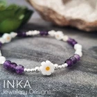 Sterling Silver Amethyst 925 Stretch Beaded stacker Daisy Bracelet By INKA