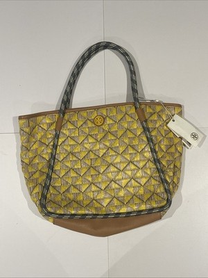 TORY BURCH MOSAIC STRAW TOTE YELLOW/BEIGE EXTRA LARGE SHOULDER BAG WITH DUST BAG