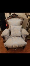 Victorian-Style Ornate Carved Armchair – Blue & Gold Damask Upholstery