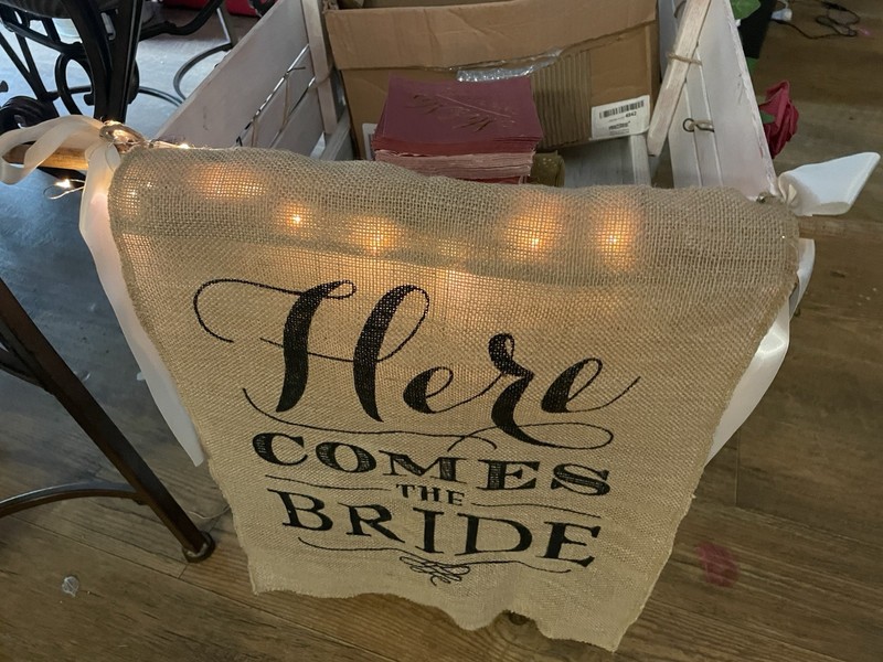 Here Comes the Bride Burlap Wedding Banner with lights Beige/Black Text 1pc