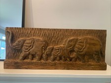 Hand Carved 3D Wood Panel Wall Art Hanging Or Shelf Family Elephants Sculpture