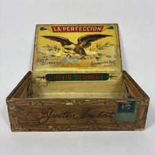 Antique La Perfeccion Wood Cigar Box Vtg Tobacco Amercian Bald Eagle Bird NY