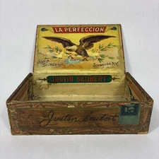 Antique La Perfeccion Wood Cigar Box Vtg Tobacco Amercian Bald Eagle Bird NY