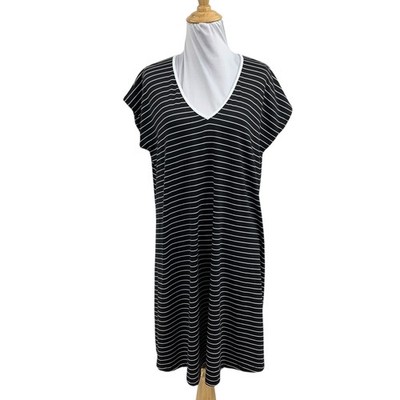 Susana Monaco Dress Womens M Medium Black White Striped Cap Sleeve V Neck Shirt