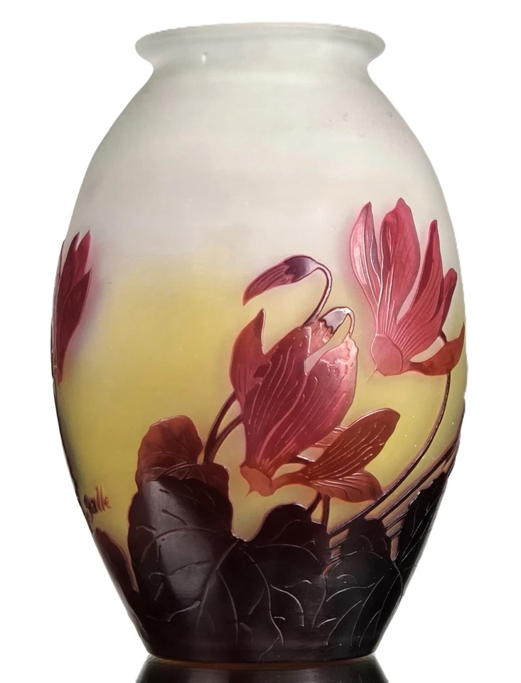 Emile Gallé Sublime Vase aux " Cyclamens " Pâte de Verre Gravé Art Nouveau Daum - Photo 3/4