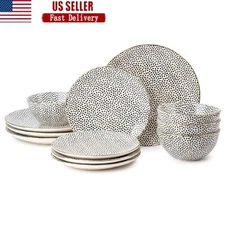 12 Piece Dinnerware Set Stoneware Black White Dots Plates Bowls Dishwasher Safe