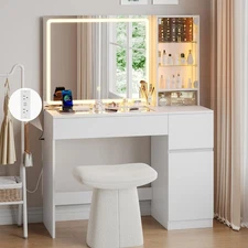 Vanity Desk with Lighted Mirror & Power Outlet Makeup Vanity Table with Stool