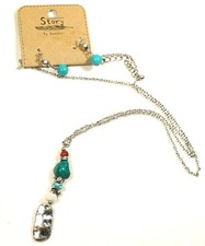 Turquoise Necklace Earring Set Dangle Drop Chain Link Women's Silver Fashion